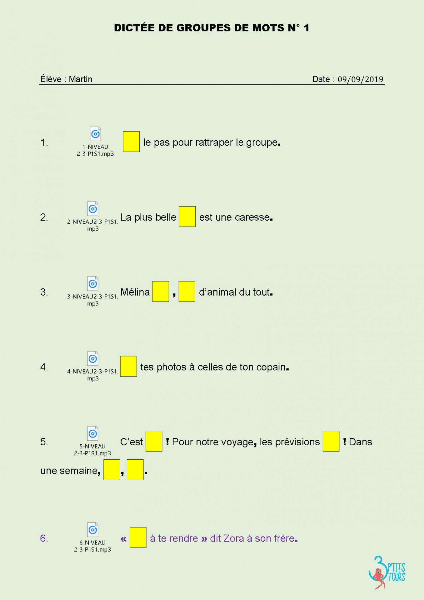 Dictees a trous version numerique avec audio je memorise et je sais ecrire des mots en cm1 cm2 annee 1 page 01